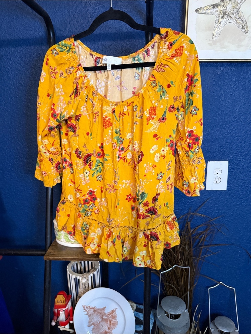 Fever Mustard Floral Ruffle Peasant Top